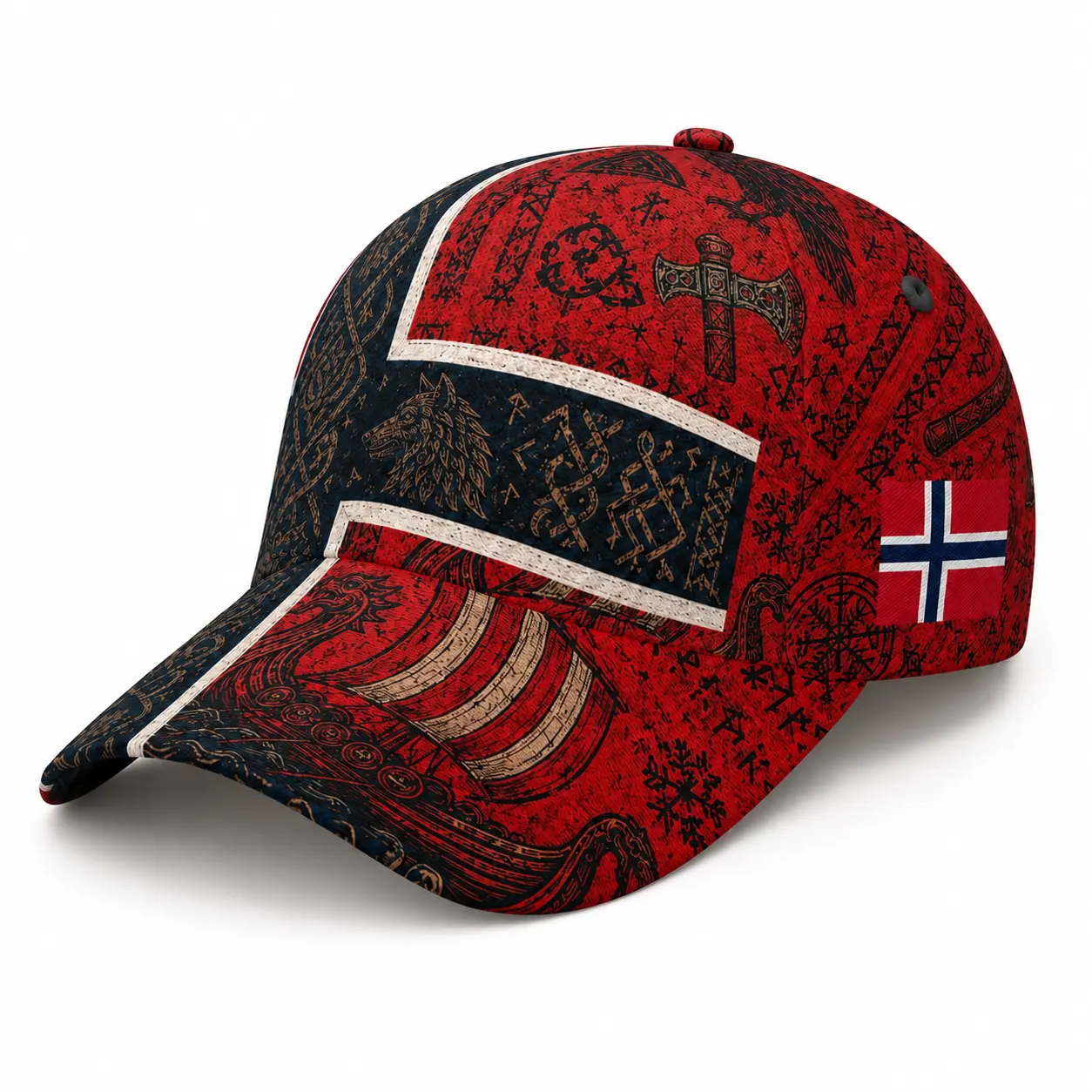 Red Black Viking Norway Baseball Cap, Curved Brim Adjustable Hat, Nordic Rune Wolf Graphic, Unisex Game Day Streetwear,sooners baseball,stylish golf,nets fan,football supporter ,raptor printed hat,official soccer,unisex summer,classic baseball tiktokshopb