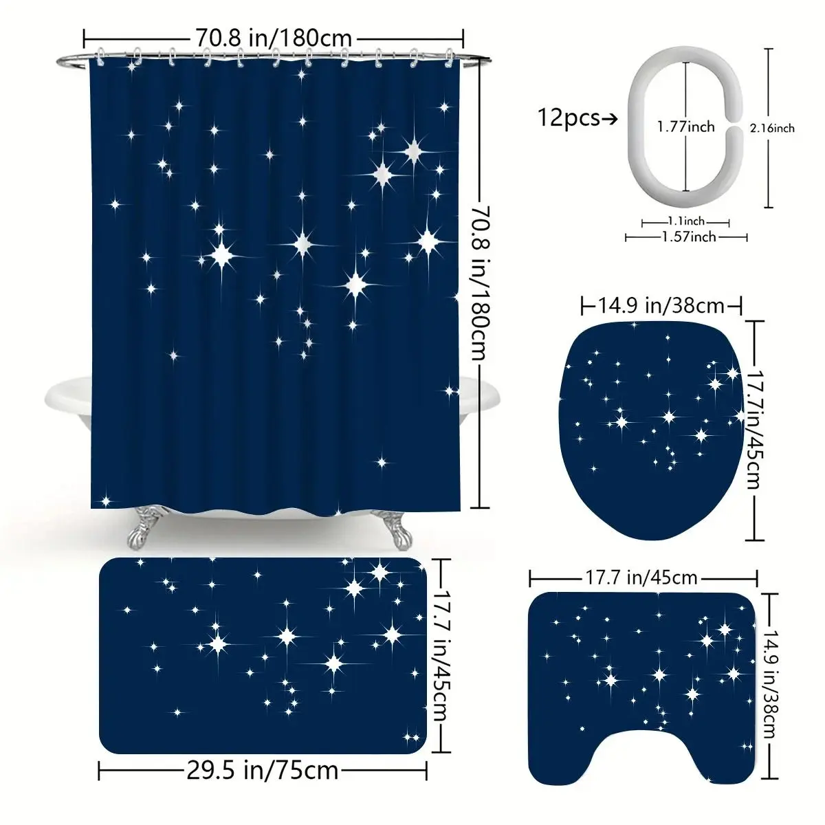 Starry Night Pleiades Print Flannel 4-Piece Bathroom Set - Navy Shower Curtain, Water-Proof Bath Mat, Toilet Seat Accessory - Made in USA
