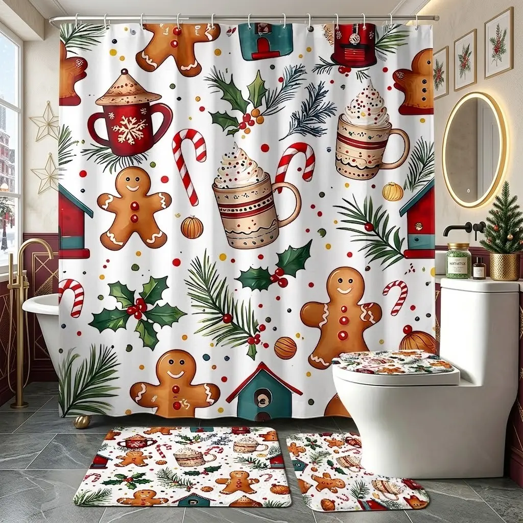 4pcs Christmas Gingerbread Man Shower Curtain Set, Holly Leaf, Candy Cane and Festive Hot Cocoa Pattern Bath Mat & Toilet Lid Cover Combo, The floor mat fabric is thicker and softer! Holiday Xmas Home Bathroom Decor for Winter Party