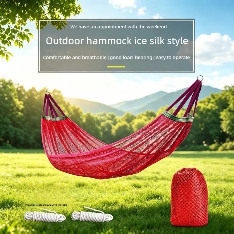 Breathable Ice Silk Mesh Outdoor Hammock with Rope and Storage Bag, Cooling Ventilated Mesh Hammock, Suitable for Backyard, Garden, Beach, Picnic, Travel, and Outdoor Leisure