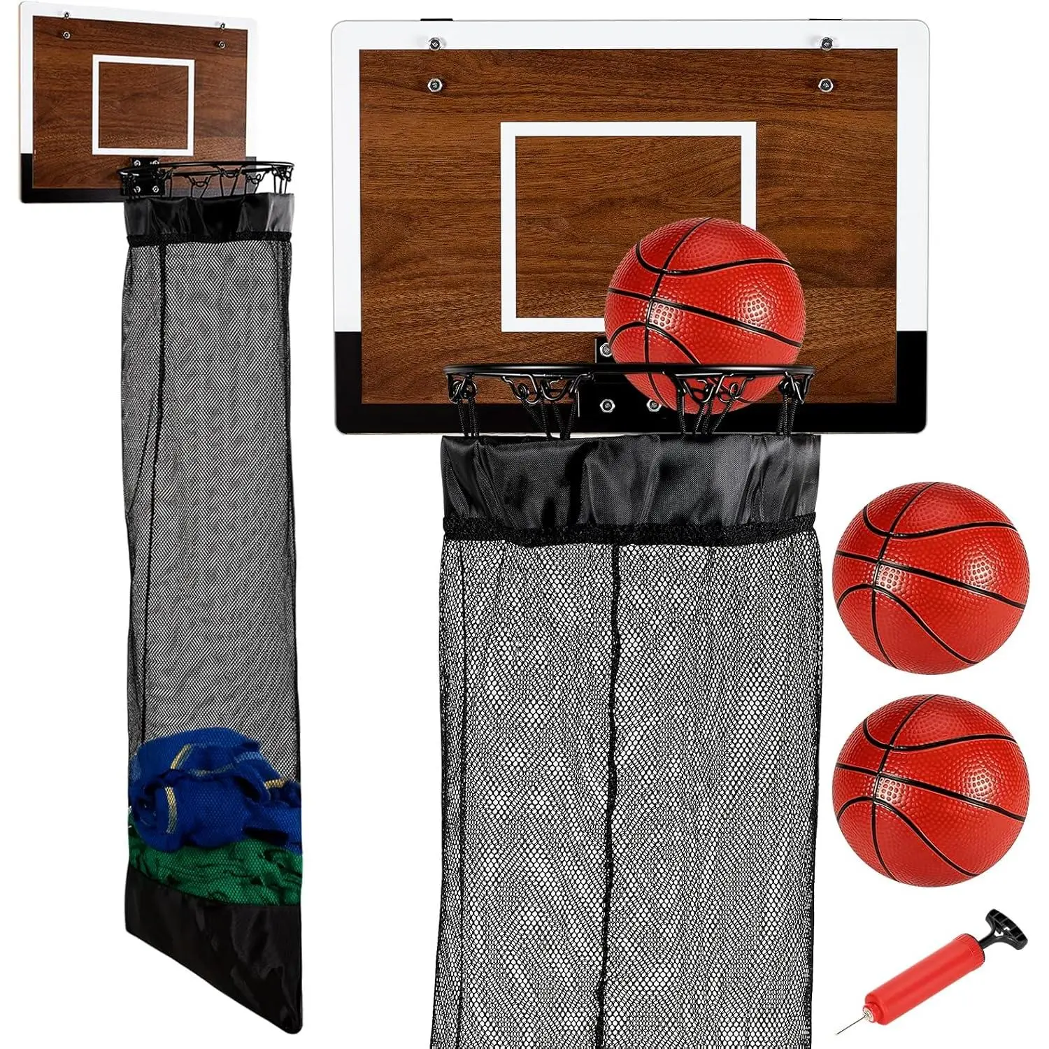 Walnut Over the Door Wooden Basketball Hoop Laundry Hamper Set - Hanging Organiser with Zipper, 3 Balls & Pump, Space-Saving Gift for Kids Room, Dorm Rooms