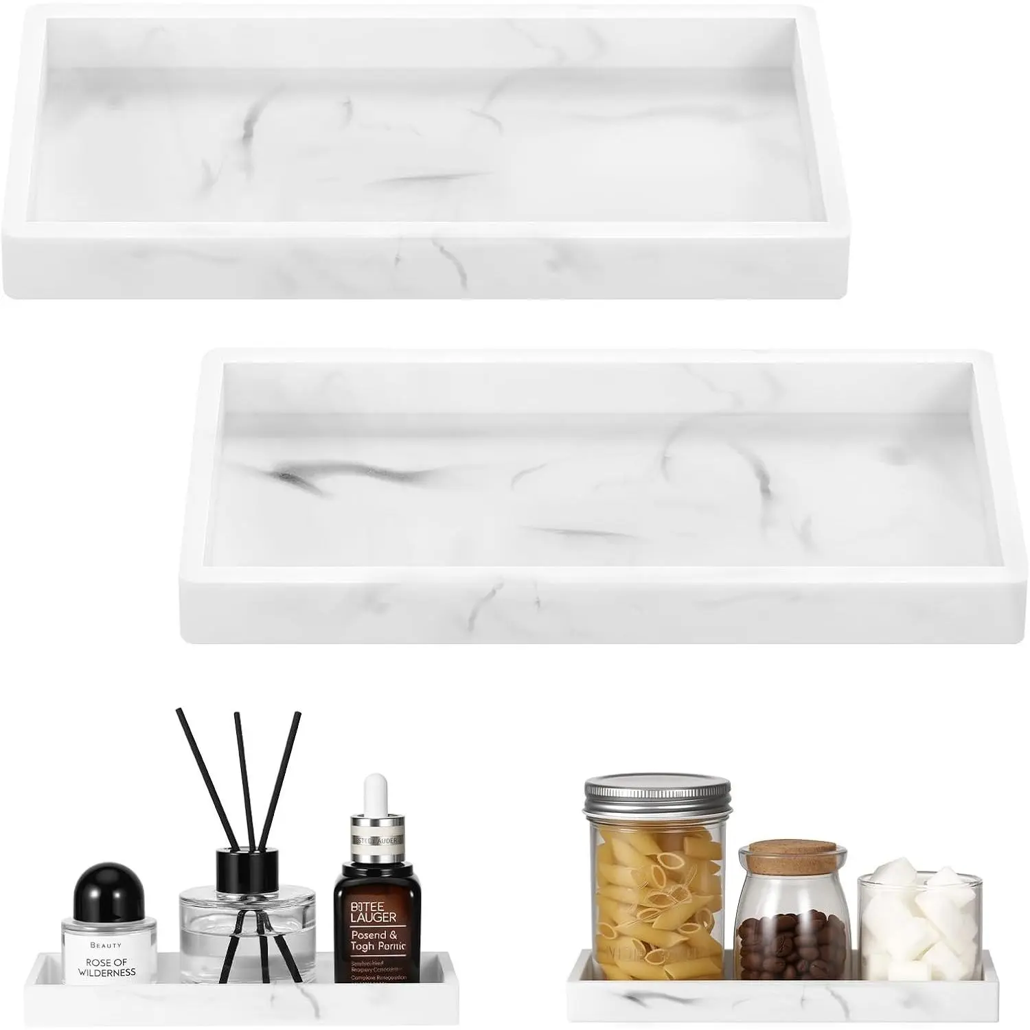 2 Pack Silicone Bathroom Tray 7.9" Vanity Tray, Marble White | Thick slip-proof silicone, dishwasher safe, waterproof, holds soap perfume jewelry for sink vanity decor