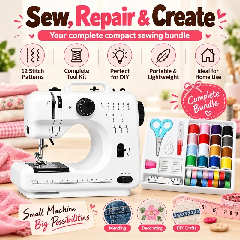 Beginner Mini Portable Sewing Machine Complete Bundle, 12 Stitch Patterns, Comes with All Sewing Supplies: Threads, Scissors, Measuring Tape & Tools. Lightweight & Easy to Operate, Great for Student Sewing Class, DIY Craft