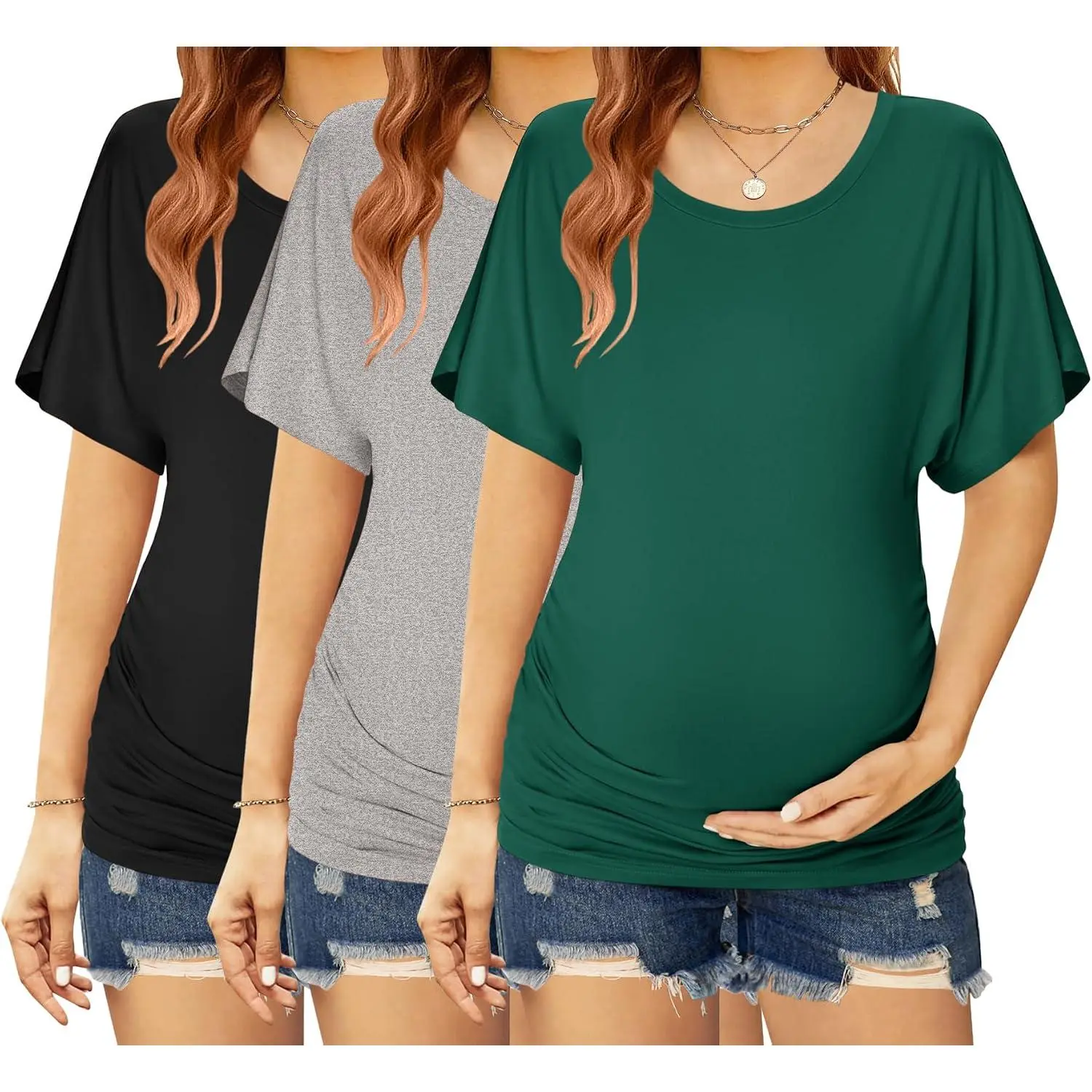 Maternity Shirts 3 Packs Dolman Sleeve Side Ruched Tops Tunic Casual  Clothes S-XXL