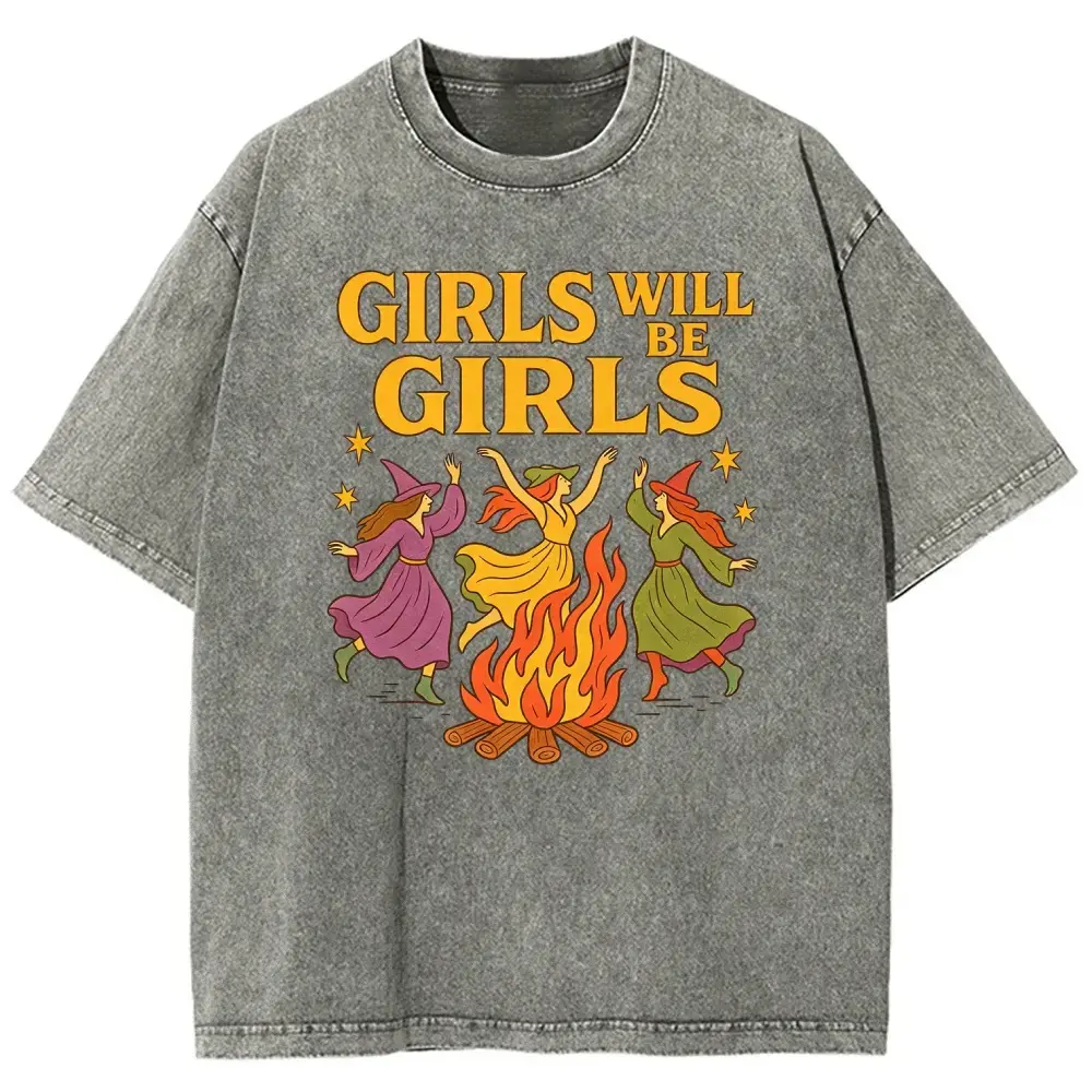 Girls' Retro Dancing Witch Graphics Casual Sports Top - Washed Oversized Everyday Style Tee for Halloween Spooky Season Bonfire, Tops, Clothes