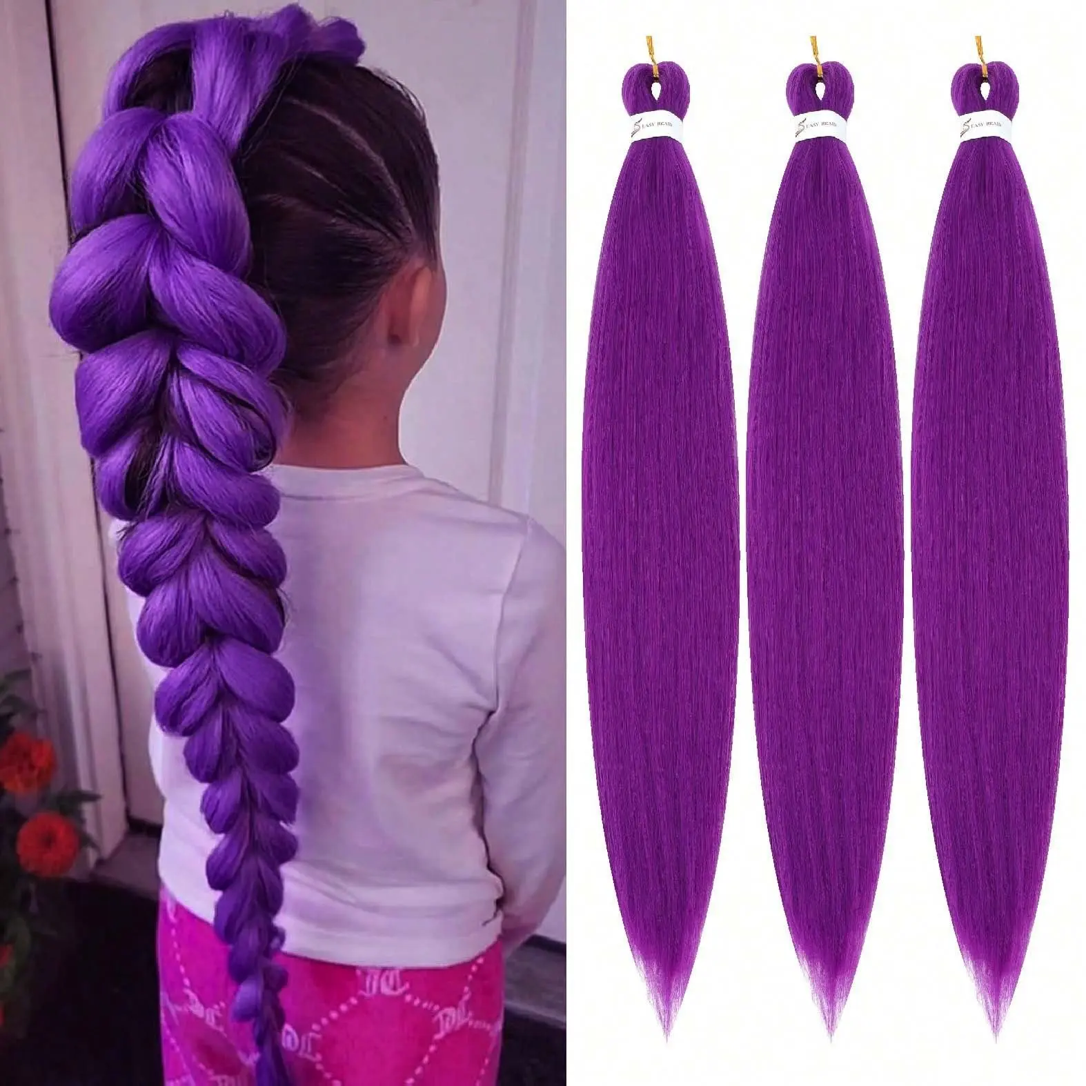 30in Pre-Stretched Braiding Hair 3 Packs, Purple Yaki Texture Synthetic Braids Hair Extensions, Flame Resistant Hot Water Setting Braid Hair for Box Braids, Knotless Braids, Festival Hairstyle for Women Girls
