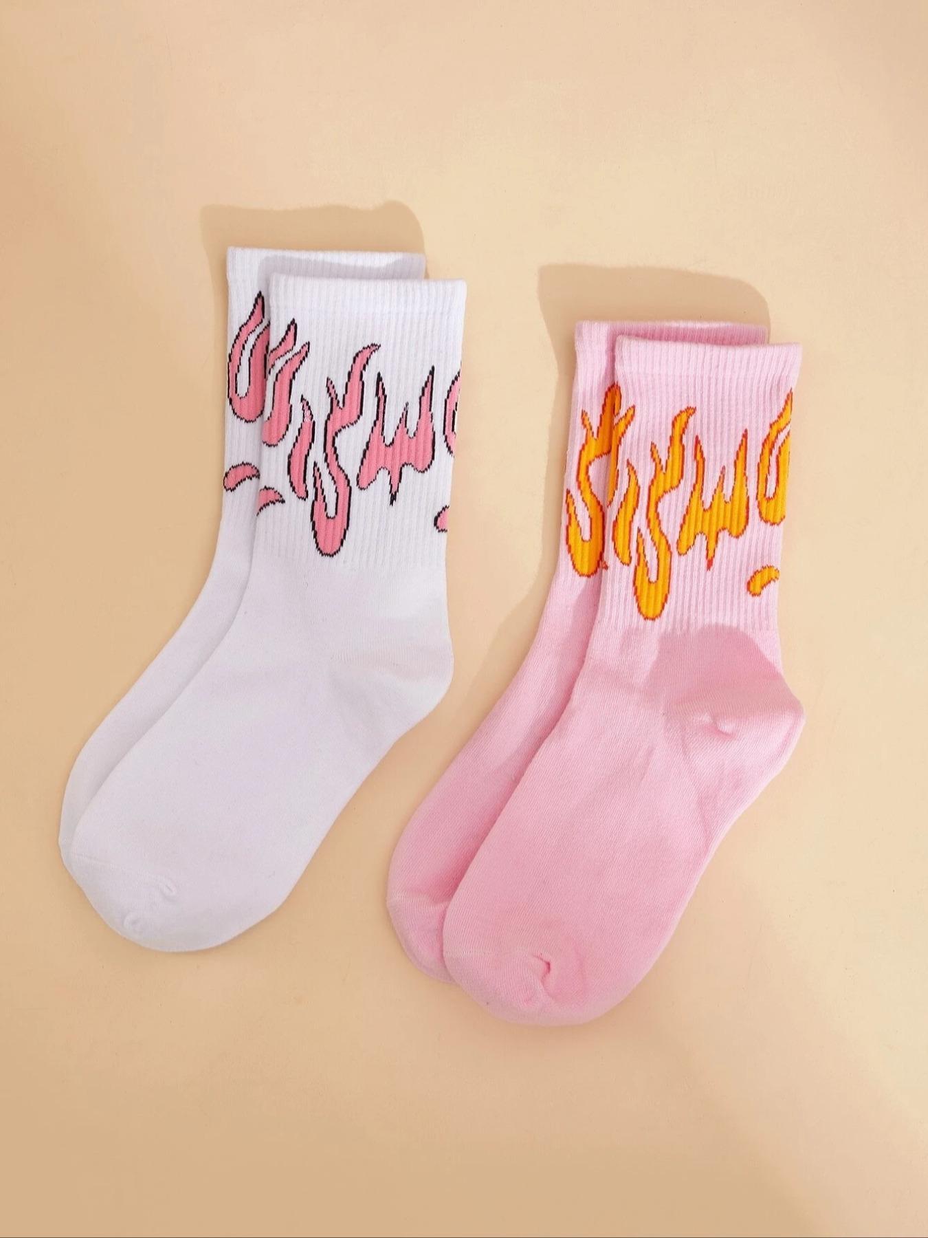 2 Pairs Fire Print Crew Socks, Fashion Casual Comfy Socks for Daily Outdoor Wear, Women's Socks for All Seasons, Socks for Women, Womenswear, Casual Stylish Socks, Soft Comfy Socks, Sock Set