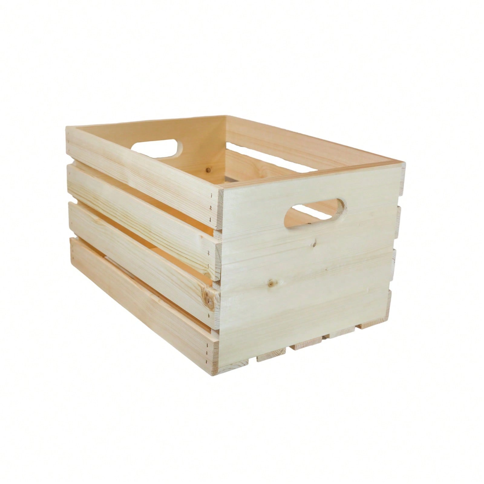Large Pine Wood Storage Crate – 18"x12.5"x9.5" Stackable Organizer with Routed Handles & Slatted Sides, Heavy-Duty DIY Storage Bin