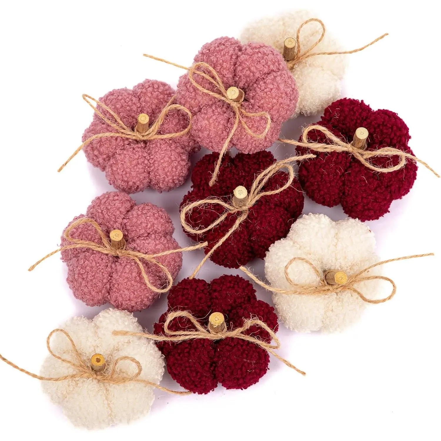 Fake Fall Pumpkin Decorations for Home, 9 Pcs Artificial Mini Fabric Pumpkins Autumn Decor, Fake Pumpkins for decorating, Fall Table Centerpiece Harvest Decor, Halloween, Thanksgiving, Burgundy & Pink
