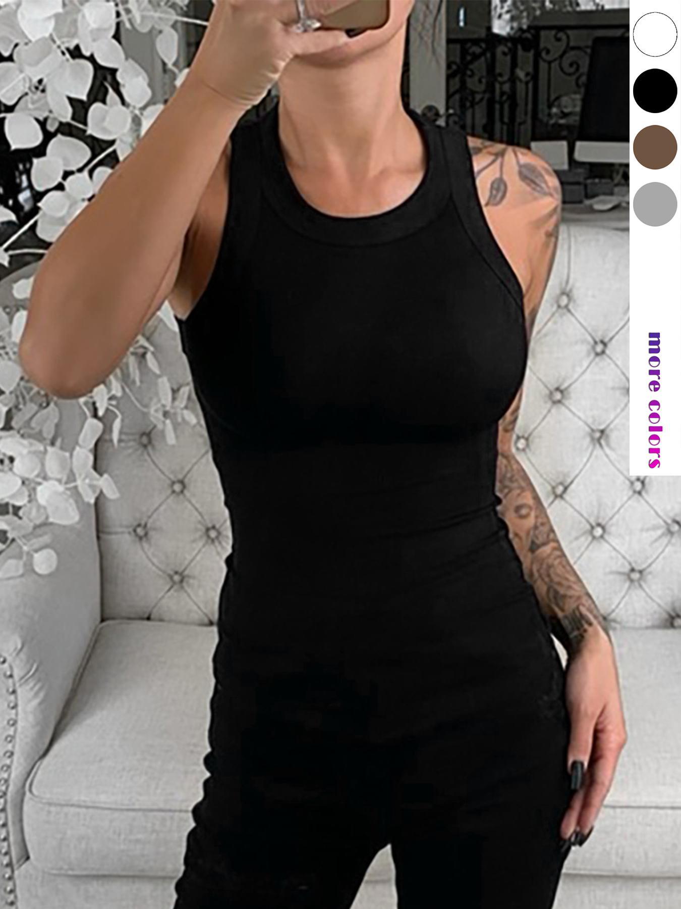 Women's Solid Ribbed Tank Top, Casual Sleeveless Round Neck Top for Daily Wear, Ladies Clothes for All Seasons, Casual Comfy Vest