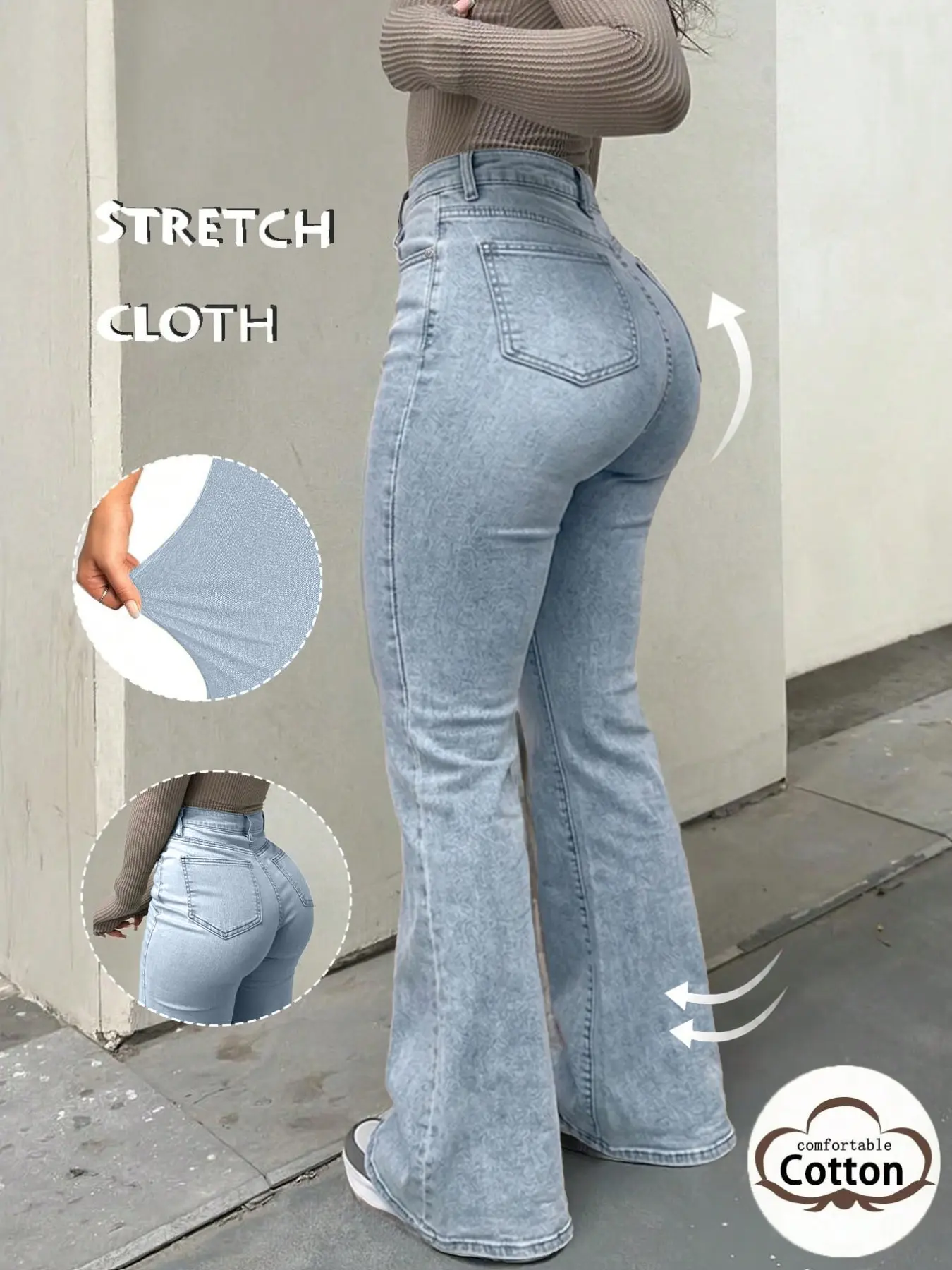 Women's 2026 Autumn Winter American Y2K Denim Jean Flare Pants, Stretchy Pocket Jeans, Light Wash Bleached Light Blue Fabric, Front Cross Draped Detail, Stretch Slim Hip-Hugging Silhouette, Floor Grazing Micro Flared Leg For Trendy Daily Styling