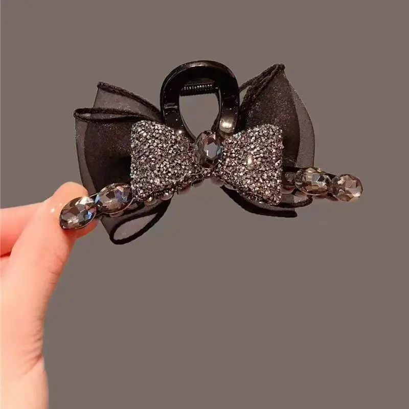 Bow Hair Claw Clips for Women Black Organza Ribbon Shark Jaw Clip Sparkling Rhinestone Non Slip Crystal Bowknot Hairpins Strong Hold Updo Chignon Bun Maker Elegant Party Hair Accessories