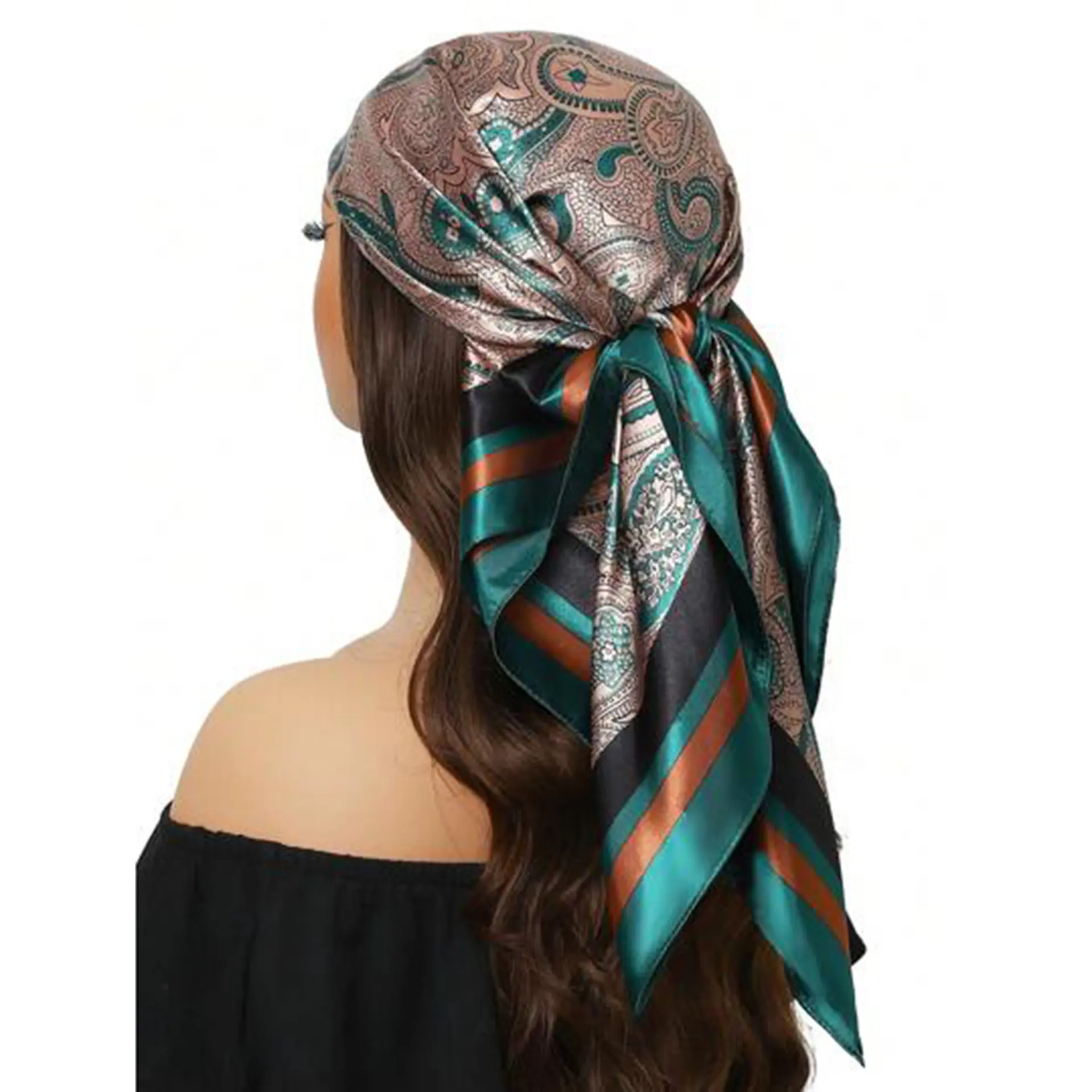 Unisex Large Size Paisley Silk Satin Square Head Scarf - Effortless, Smooth, Breathable, Friction-Free Vintage Boho Green Hair Wrap Bandana Bonnet for Daily Wear Fashion Accessory