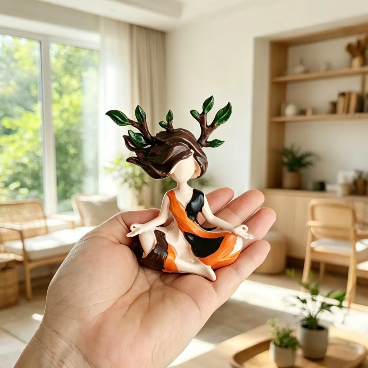 1PC Forest‑Style Leafy Yoga Meditation Girl Resin Figurine, Flame‑Toned Zen Nature Goddess Soft Home Decor, Decorative Statues, Ins‑Style Ornament for Desktop, Yoga Room, Living Room & Entryway, Gift for Best Friends & Classmates