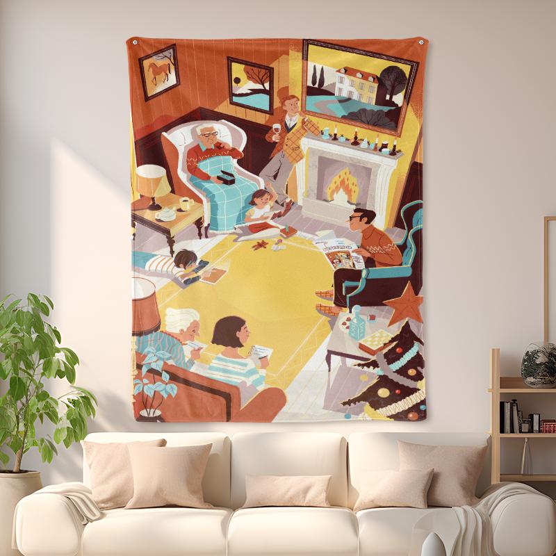 Soft Flannel Throw Blanket, Cozy Christmas Family Gathering Illustration Art Blanket, Warm Retro Holiday Home Scene Blanket for Couch Bed, Aesthetic Family Christmas Decorative Blanket Gift for Home & Travel