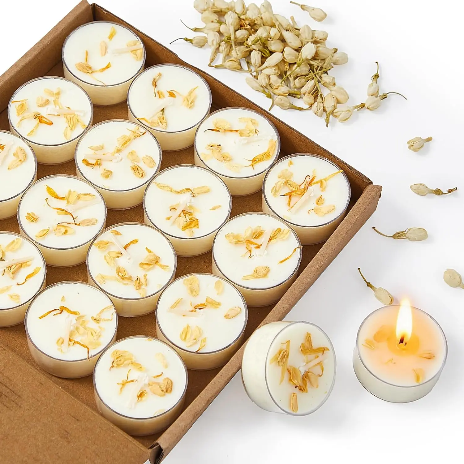 Jasmine Scented Tealight Candles with Dried , 4 Hours   Lights,  Soy Wax Candles Bulk for Wedding, , Bath, and  Decor, 8 Pack