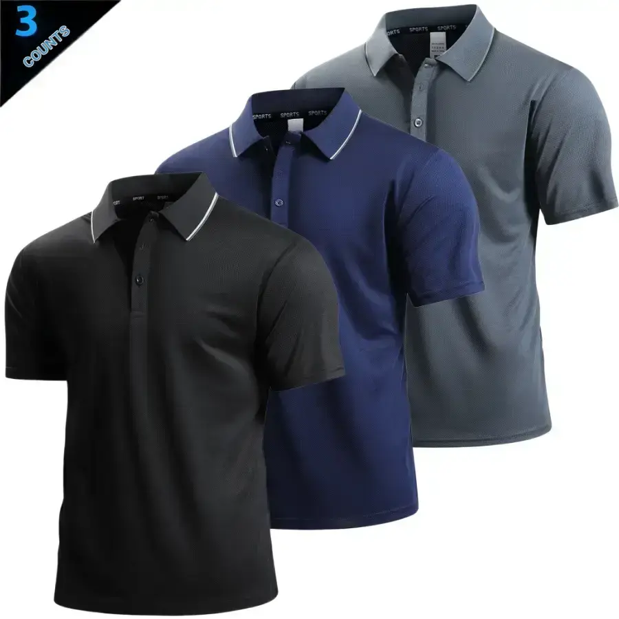 Three color contrast polo shirt for men, featuring a classic notched collar with thin black piping for refined details. Front button accents add a clean finish, and the short sleeve fit is suitable for multiple seasons. The mesh fabric is breathable and s