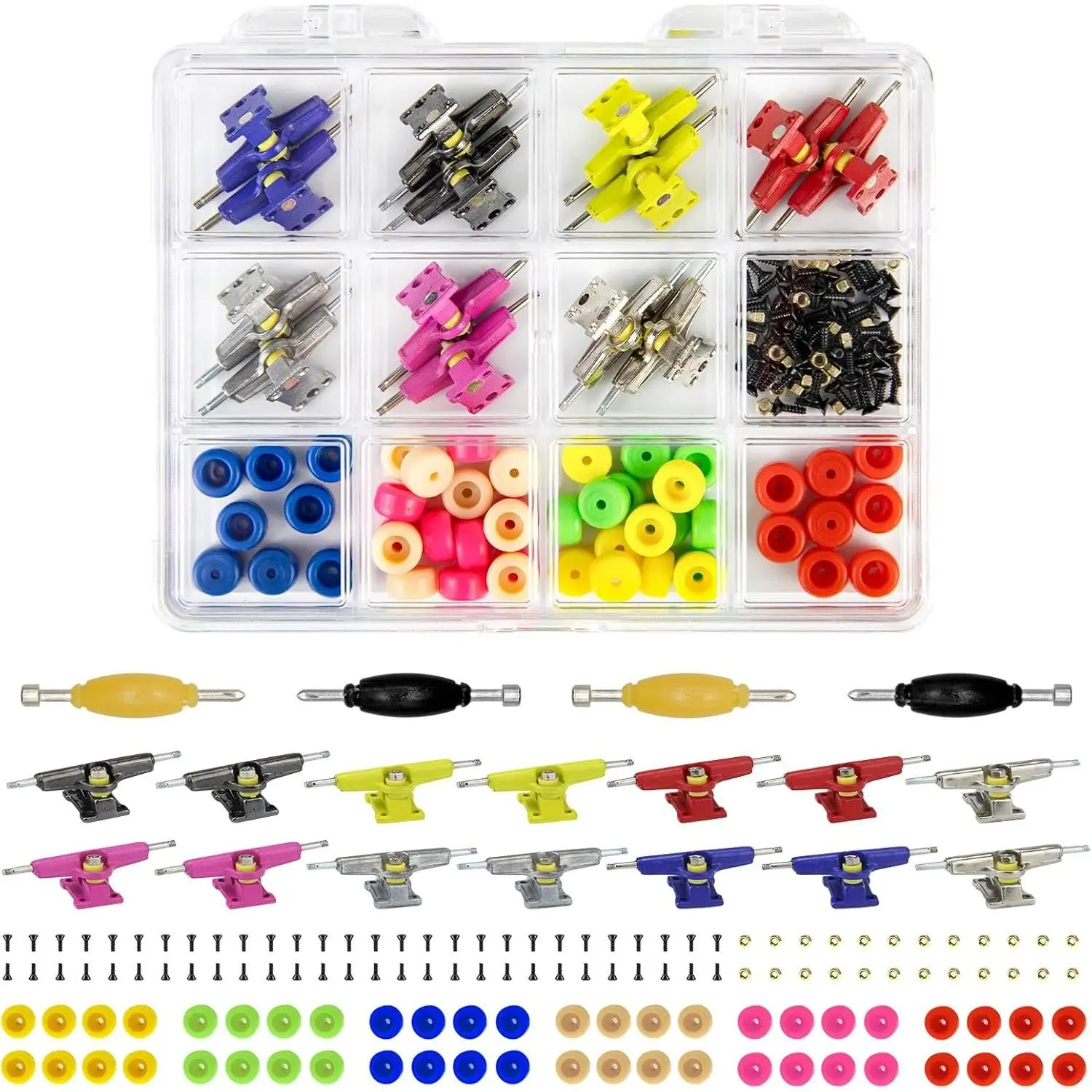 Skate Parts Kit for 96mm Fingerboard Wooden Deck - 14Pcs Multicolour Trucks, 48Pcs Wheels, 60Pcs Screws, 30Pcs Nuts, 4Pcs Spanner Tool