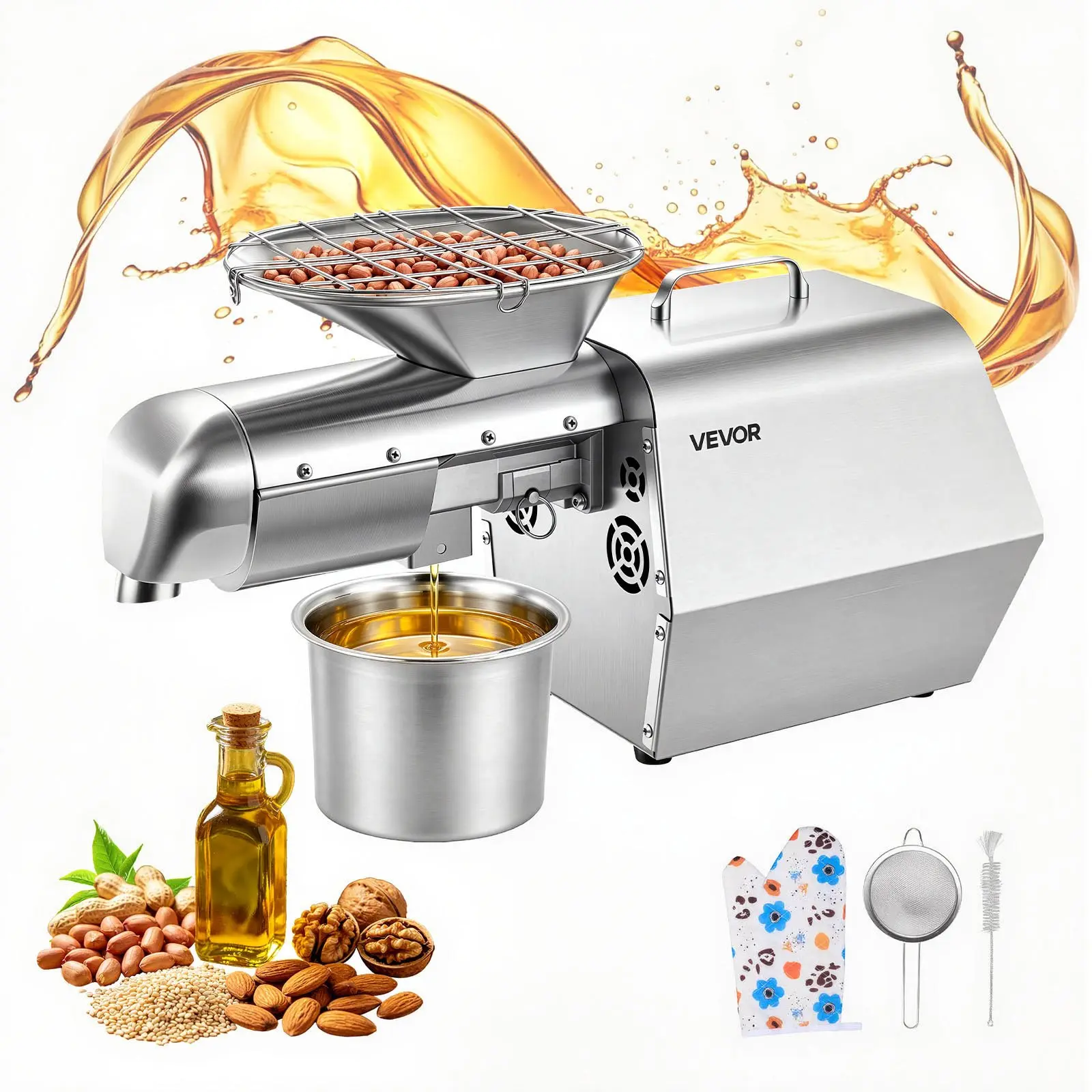 VEVOR Oil Press Machine, 11 LBS/H Capacity, 1250W Oil Extractor Machine, Automatic Electric Oil Maker for Home Commercial Use, 122-572 Hot Cold Pressing for Peanuts Sesames Soybeans Almonds