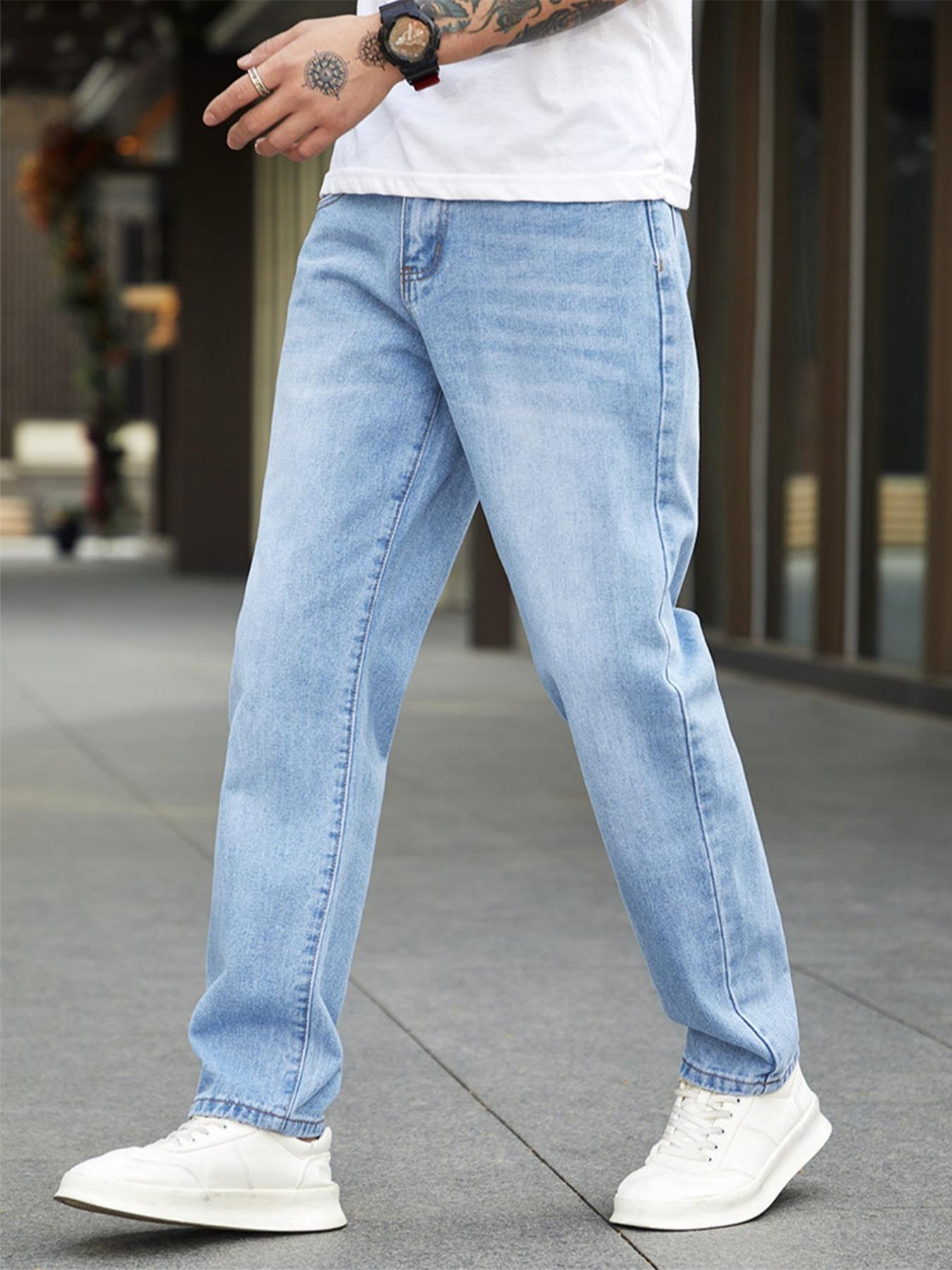 Men's Solid Color Wash Denim Jeans, Casual Comfy Straight Leg Jeans for Daily Wear, Woven Bottoms for All Seasons