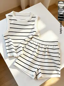 Striped Sleeveless Tank Top and Shorts Set Outfit, Casual Lazy Wear, Home Relax, Daily, Short Trip, Light Vacation