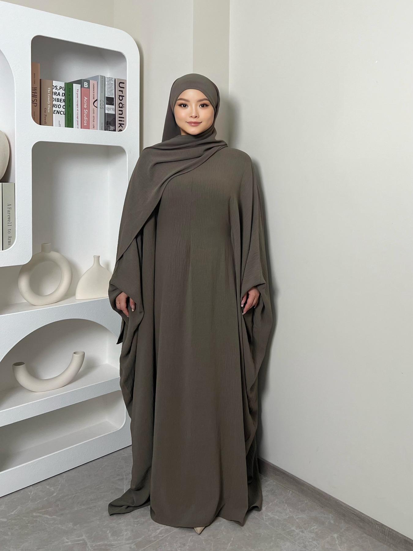 Women's Solid Color Zipper Front Batwing Sleeve Abaya & Hijab Two-Piece Set, Modest Long Sleeve Round Neck Maxi Abaya & Hijab, Women's Islamic Clothing for All Seasons, Abaya Dress Set