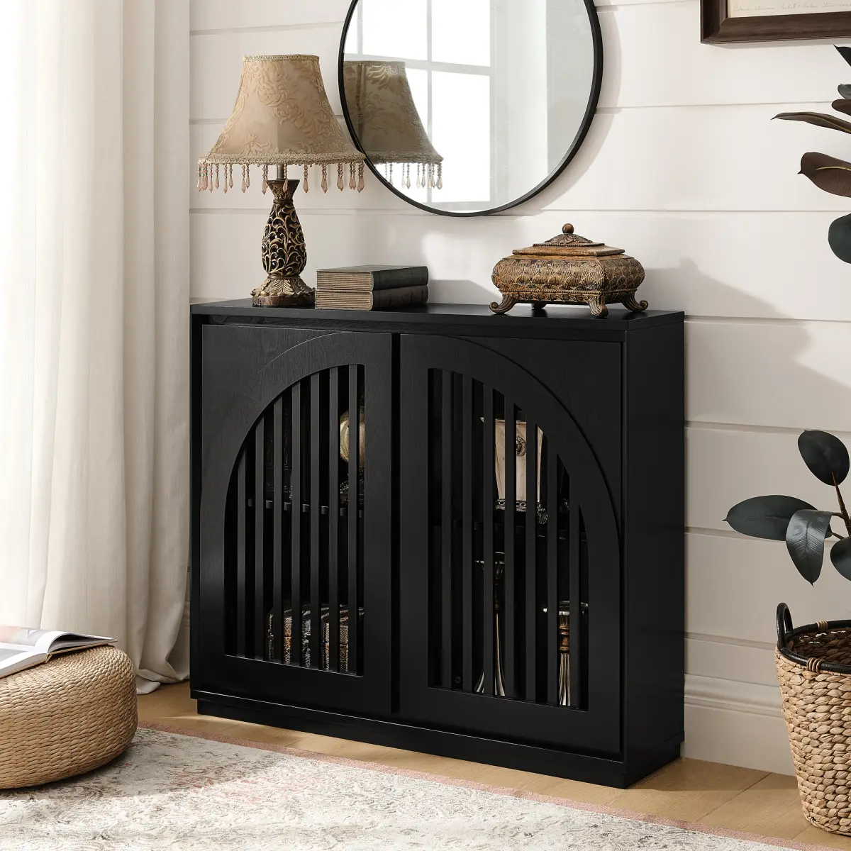 AobtkelMid Century Modern Fluted Sideboard Cabinet with 2 Outlet Holes, Buffet Cabinet with Storage, Narrow Side Cabinet for Living Room Entryway Hallway Kitchen Coffee Bar, Black