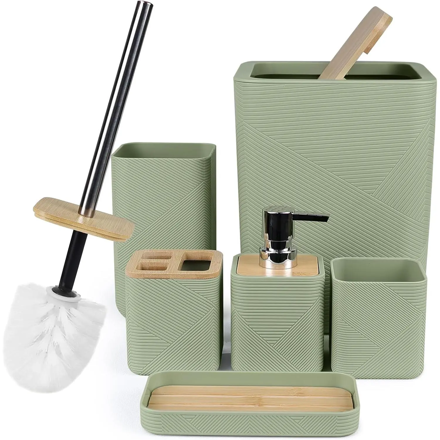 6-Piece Green Square Spiral Bamboo Bathroom Accessories Set - Soap Dispenser, Toothbrush Holder, Toothbrush Cup, Soap Dish for Decorative Countertops, Housewarming Gift Ideas, Six Pieces
