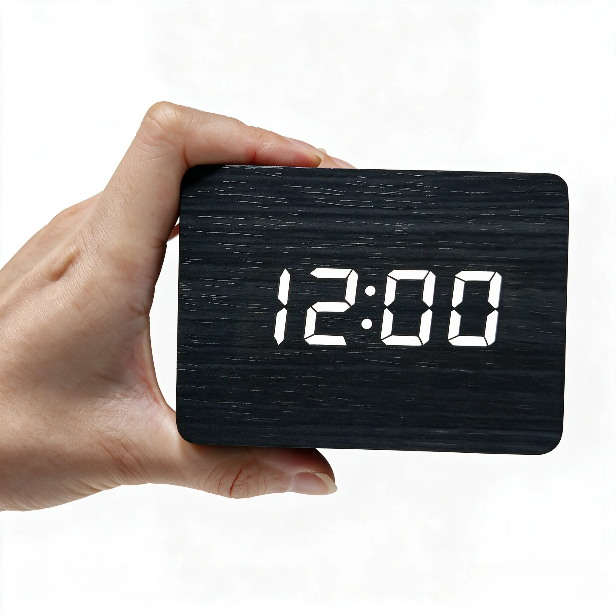 Wood Cuboid Digital Alarm Clock, LED Small Desk Clock with Voice Control Smart Induction, Time Date Calendar & Temperature Display, USB & Battery Dual Powered Minimalist Bedside Clock for Bedroom Office