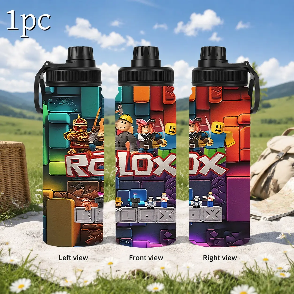 1pc 20oz Portable Leakproof Stainless Steel Thermal Water Bottle With Carry Handle, 2D Roblox Game Characters All Over Print Insulated Tumbler, Sports Drink Mug, Great Present For Young Gamers And Birthday Gift