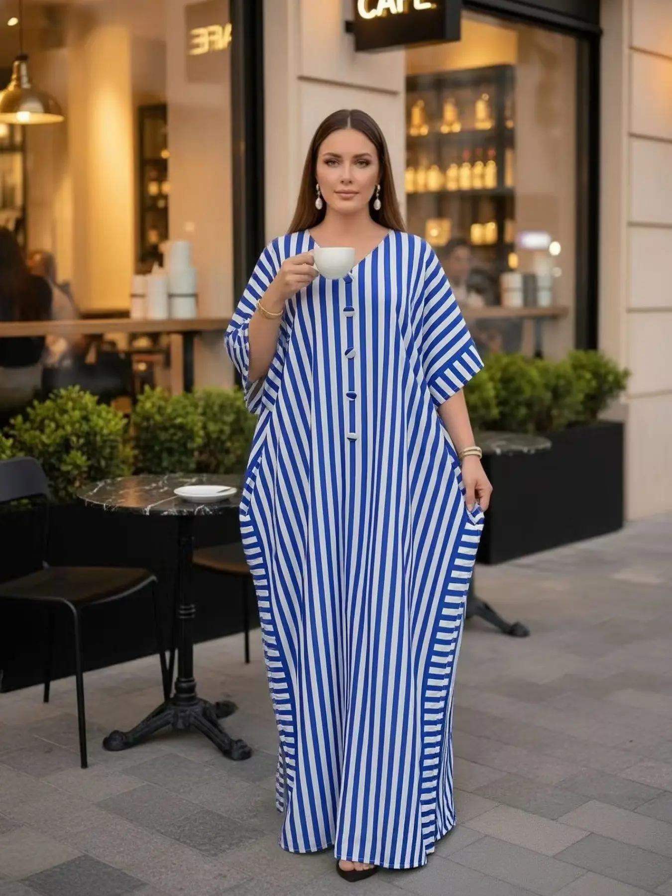 Striped V-Neck Batwing Sleeve Boubou, Loose Fit Plus Size Dress, Summer Fashion Kaftan, Casual Home Wear, Pocket Design