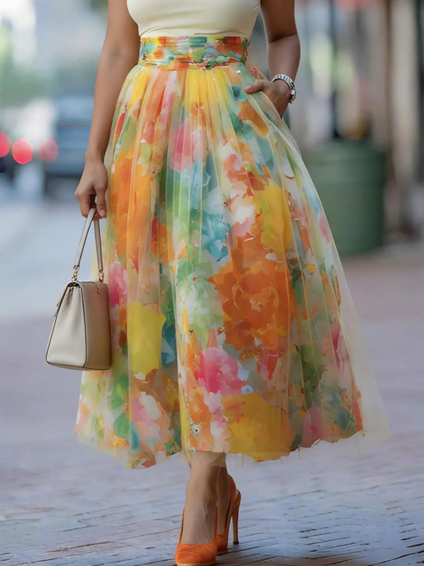 European and American Style Sweet Princess Floral Dress, Gradient Print Casual Everyday Midi Skirt, Versatile Summer for Women