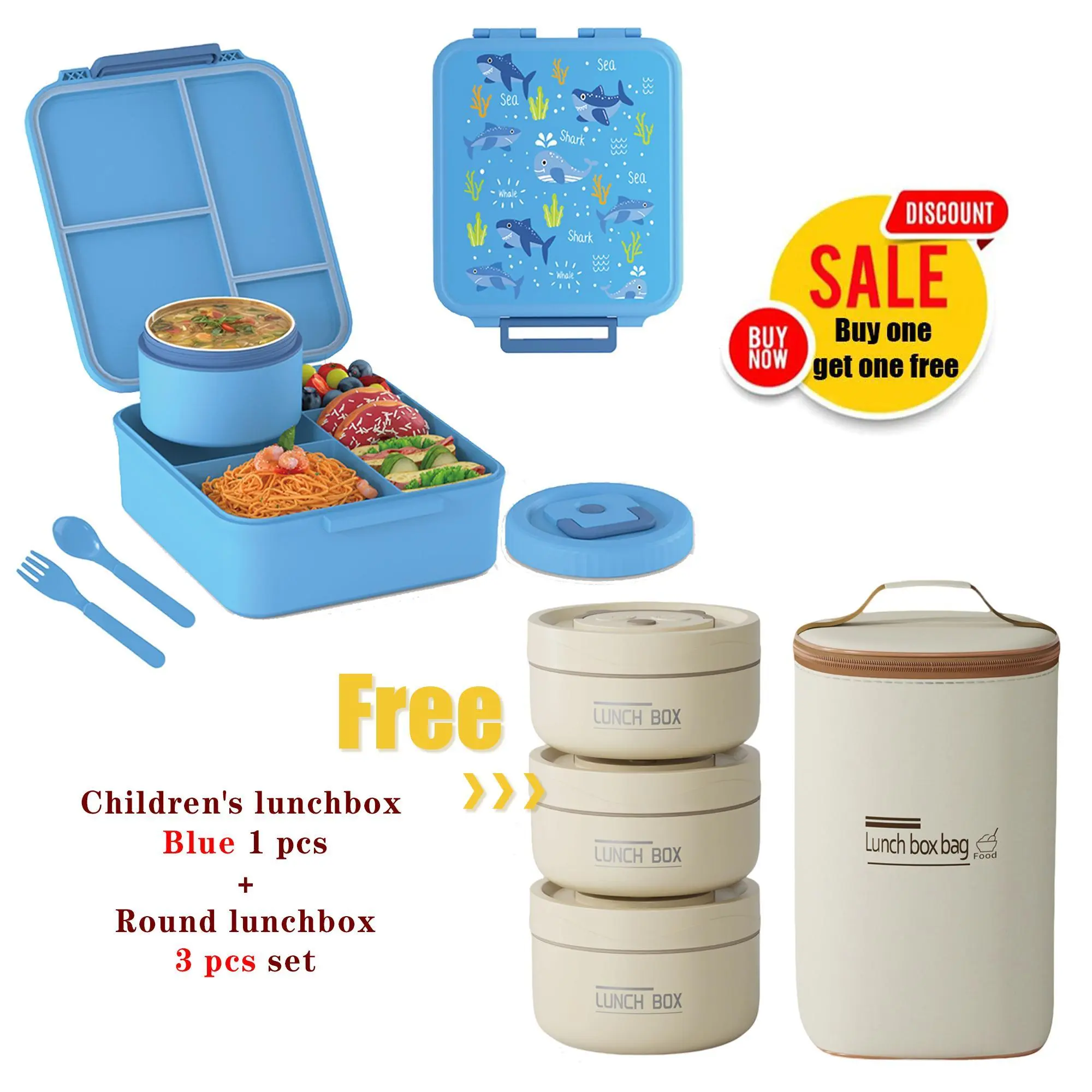 Nifogo Adult Panda Stainless Steel Lunch Box + Kids Blue Bento Set Combo,Thermal Leakproof Food Containers with Insulated Bags for School & Work