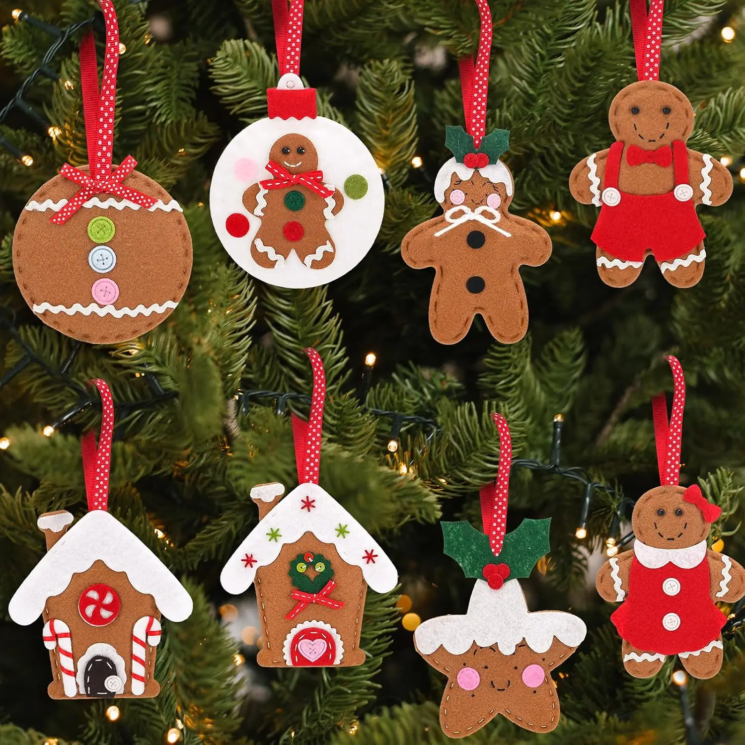 8-Count Soft Felt Gingerbread Ornaments Set - Large, Medium Size, Modern Christmas Tree Decorations with Candy Cane for Indoor Home, Wedding Holiday Gifts
