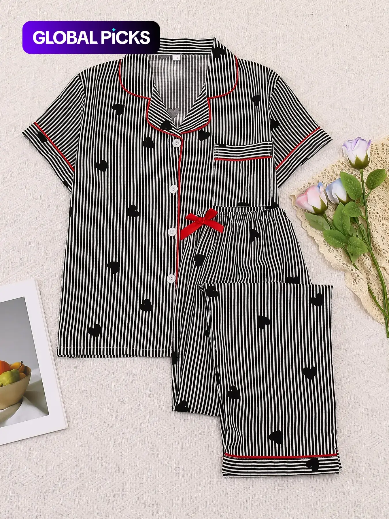 Women's Sleepwear Set, Feminine Sweet Casual Home Clothes Loungewear, Short Sleeve Pajamas Bow Tie Pants, Elegant Simple Striped Heart Print, All Seasons Wear