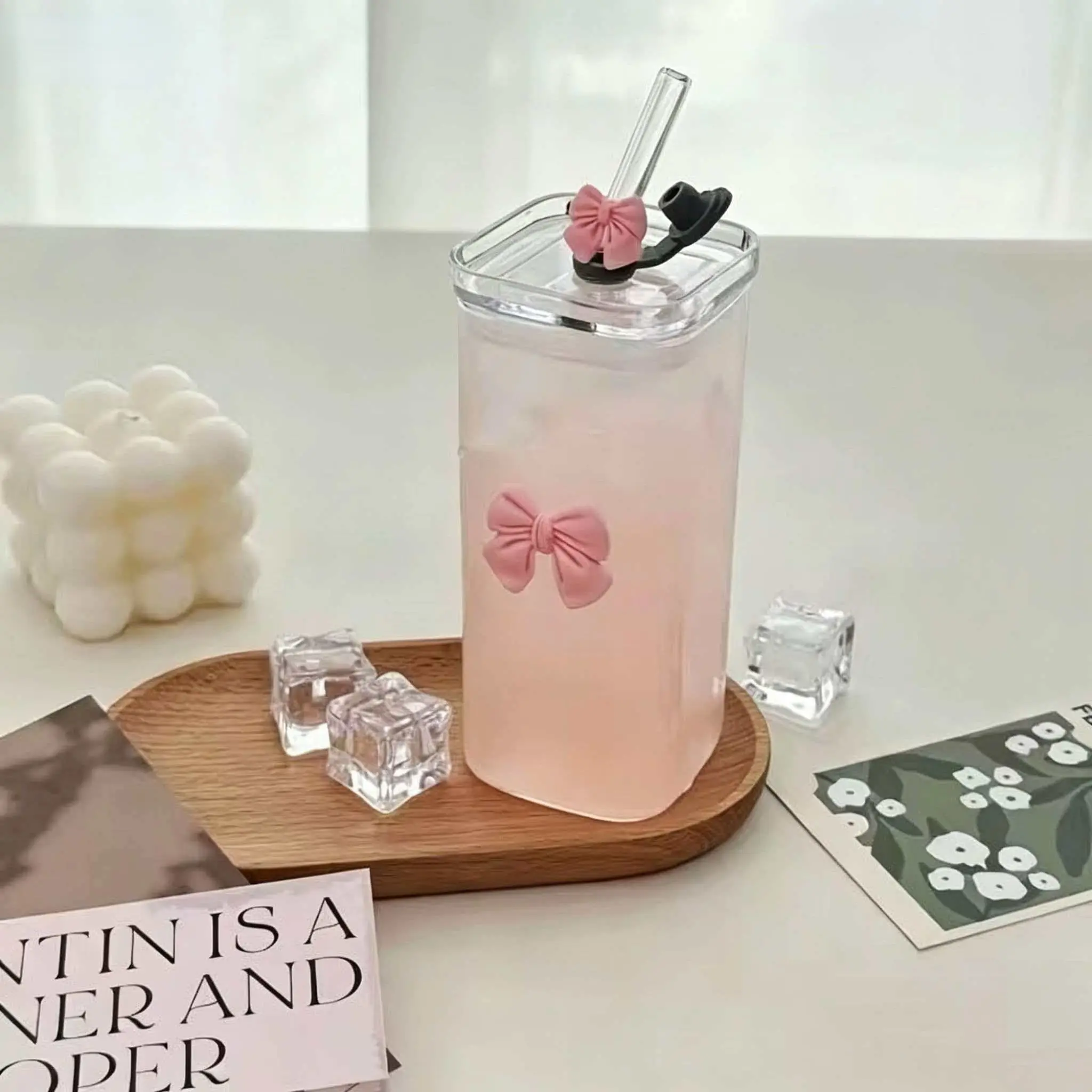 Cute Square Glass Water Cup 400ML, Bowknot Decor, High Borosilicate Straw Cup with Lid, Easy Clean, Ideal for Cold Drinks, Office, Gifts