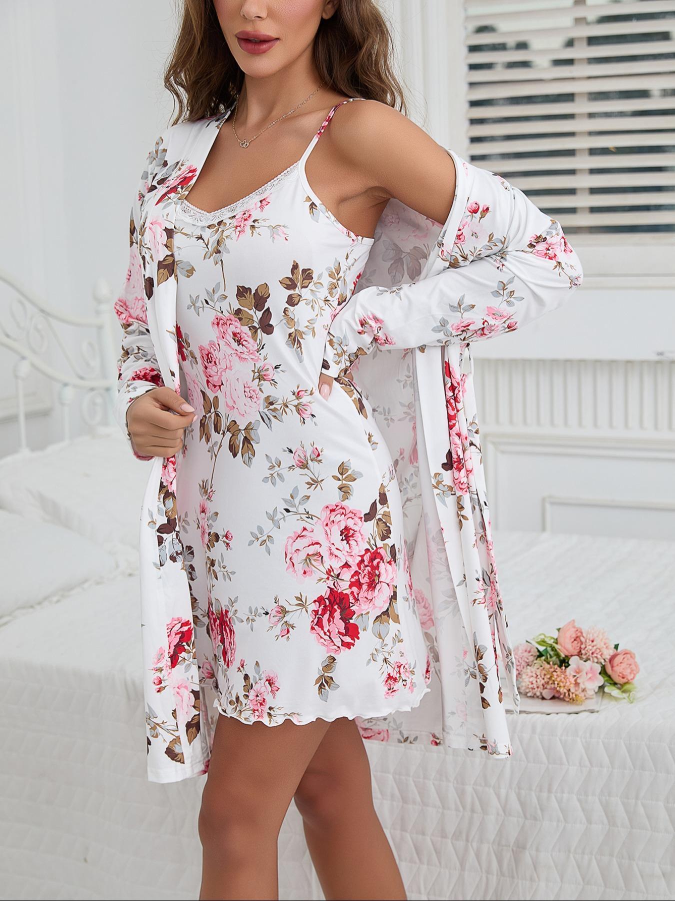 Women's Floral Print Belted  Robe & Cami Nightdress Two-piece Set, Casual Comfy Loungewear Set for Women, Ladies Sleepwear for All Seasons