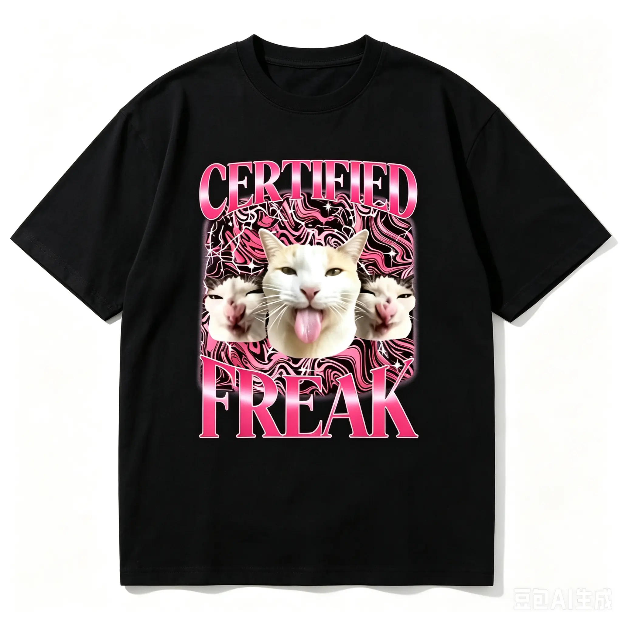 Certified Freak Funny Meme Cat Graphic T-Shirt Y2K Pink Swirl Glitter Print Crewneck Tee Casual Black Cotton Short Sleeve Top Weird Humor Kitten Shirt Streetwear Daily Party Unisex Gift For Cat Lovers