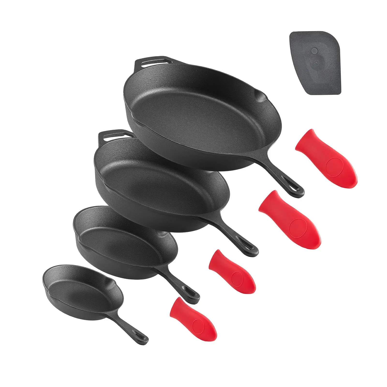 【DealsForYouDays】VEVOR Cast Iron Skillet, 4-Piece Frying Pan Set (6, 8, 10, 12 in), Skillets with Heat-Resistant Silicone Handle, Pre-Seasoned Chef's Pan, Kitchen Cookware, for Oven, Gas, Electrical, Induction, Black