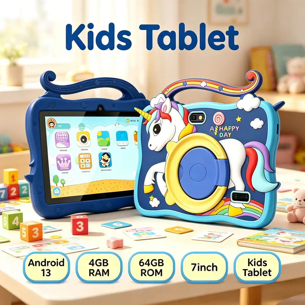 Children's Android tablet 7-inch tablet supports WIFI and Bluetooth functions, Android 13 system 4GB RAM 64GB ROM dual cameras, parents can control pre installed educational learning software