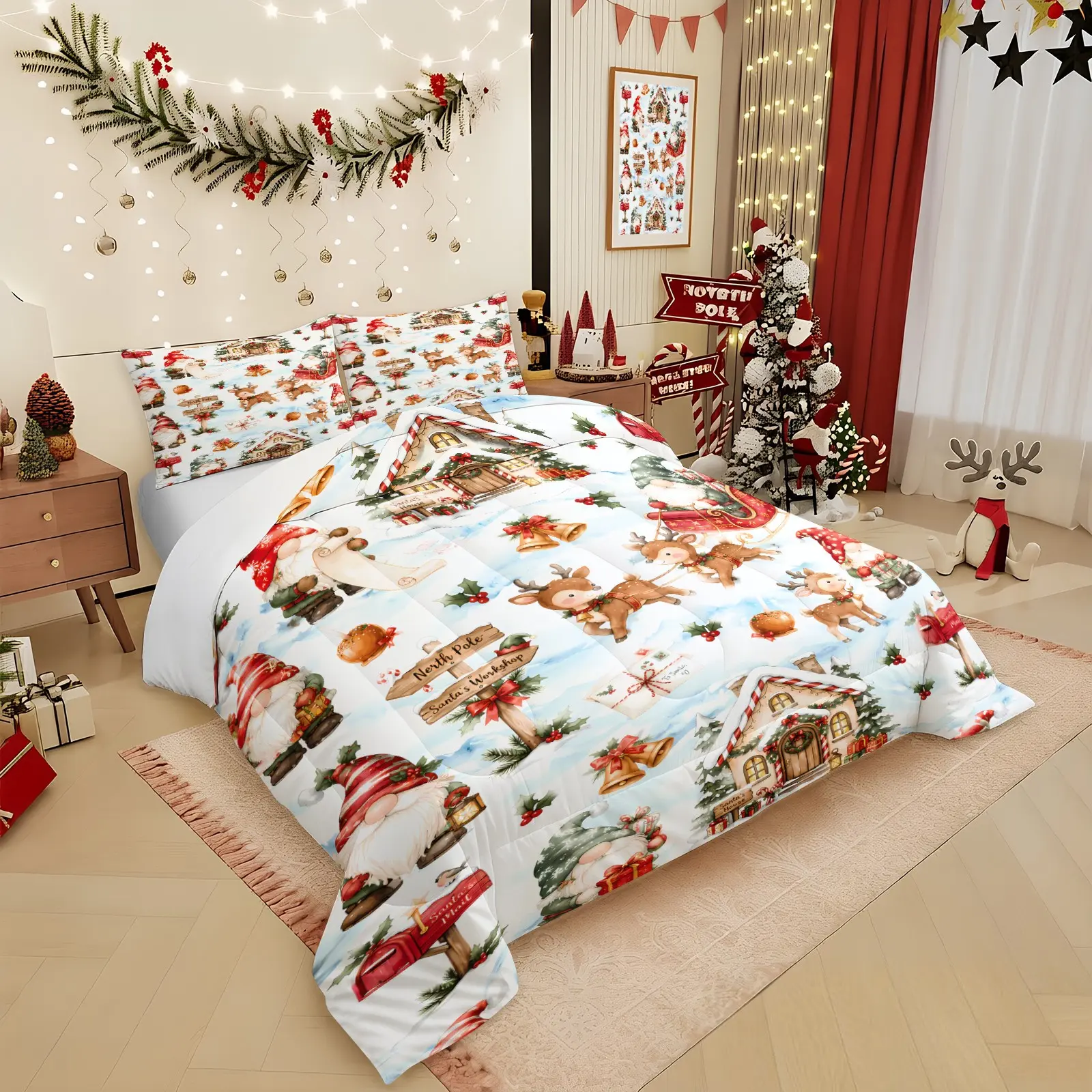 Christmas Gnome North‑Pole Village Print Comforter Set, Includes 1 Quilt and 1‑2 Pillowcases, Winter Reindeer Sleigh Cabin Pattern Print, Gift for Kids, Teens and Adults, Holiday Gift for Xmas Fans, Essential for Christmas‑Loving Girls