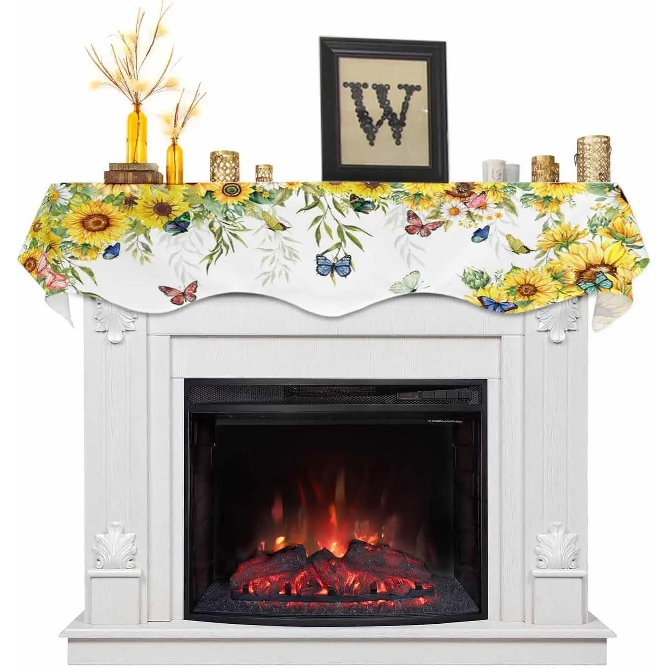 Lightweight Summer Sunflowers Mantel Scarf - 70x17in Fireplace Cover with Spring Floral Butterflies, Watercolor Plants, Runner for Living Room Home Decoration, Ideal Gift