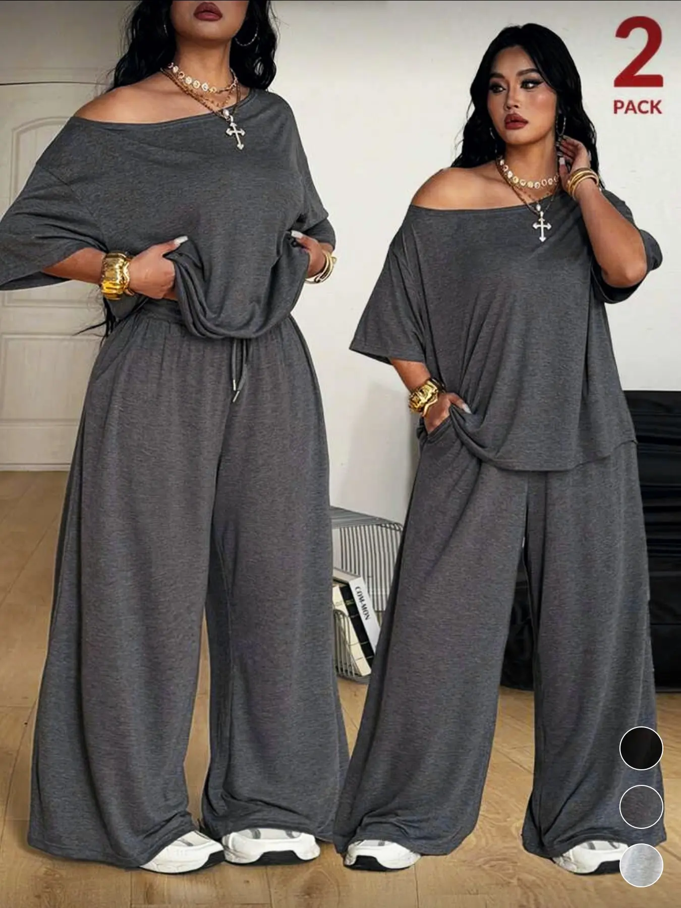 Plus Size Women's Casual Baggy Tee & Pants Set, Comfortable Fabric, Asymmetrical Neckline Top & Wide-Leg Pants, Ideal for Daily Wear & Outdoor Activities, Everyday