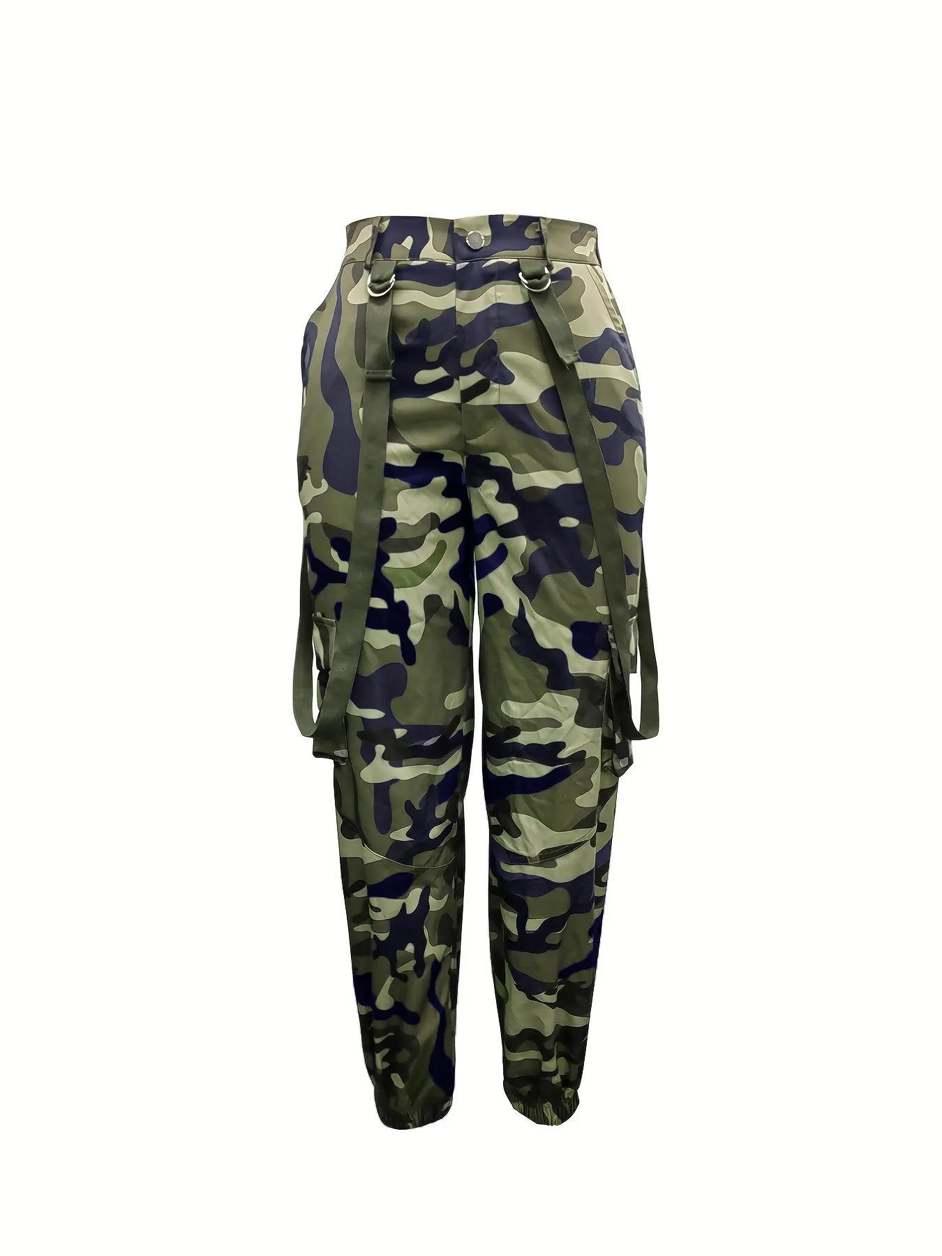 Women's Print Flap Pocket Cargo Pants, Casual Streetwear Button Trousers for Daily Wear, Ladies Bottoms for All Seasons, Casual Comfy Pocket