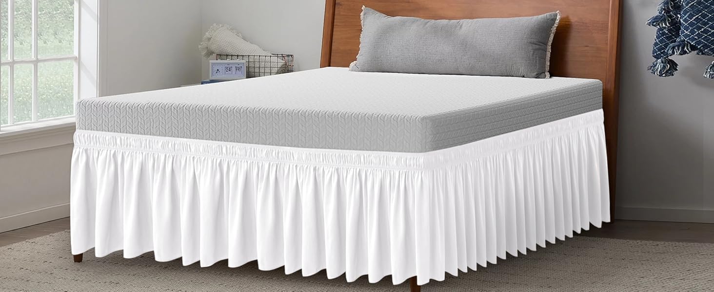Wrap Around Bed Skirts for Queen Size Beds with 18" Long Drop, White Elastic Dust Ruffles Wrinkle & Fade Resistant Luxurious Machine Washable