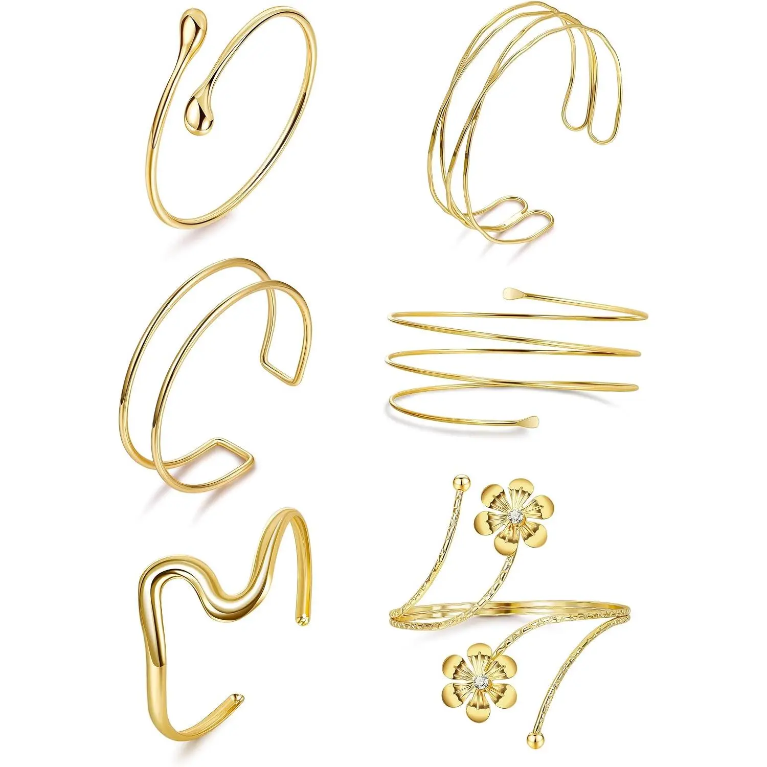 6 count Arm Cuff for Women Upper Arm Band Cuff Bracelet   Coil Bangle Armlet Adjustable Flower Armband Set