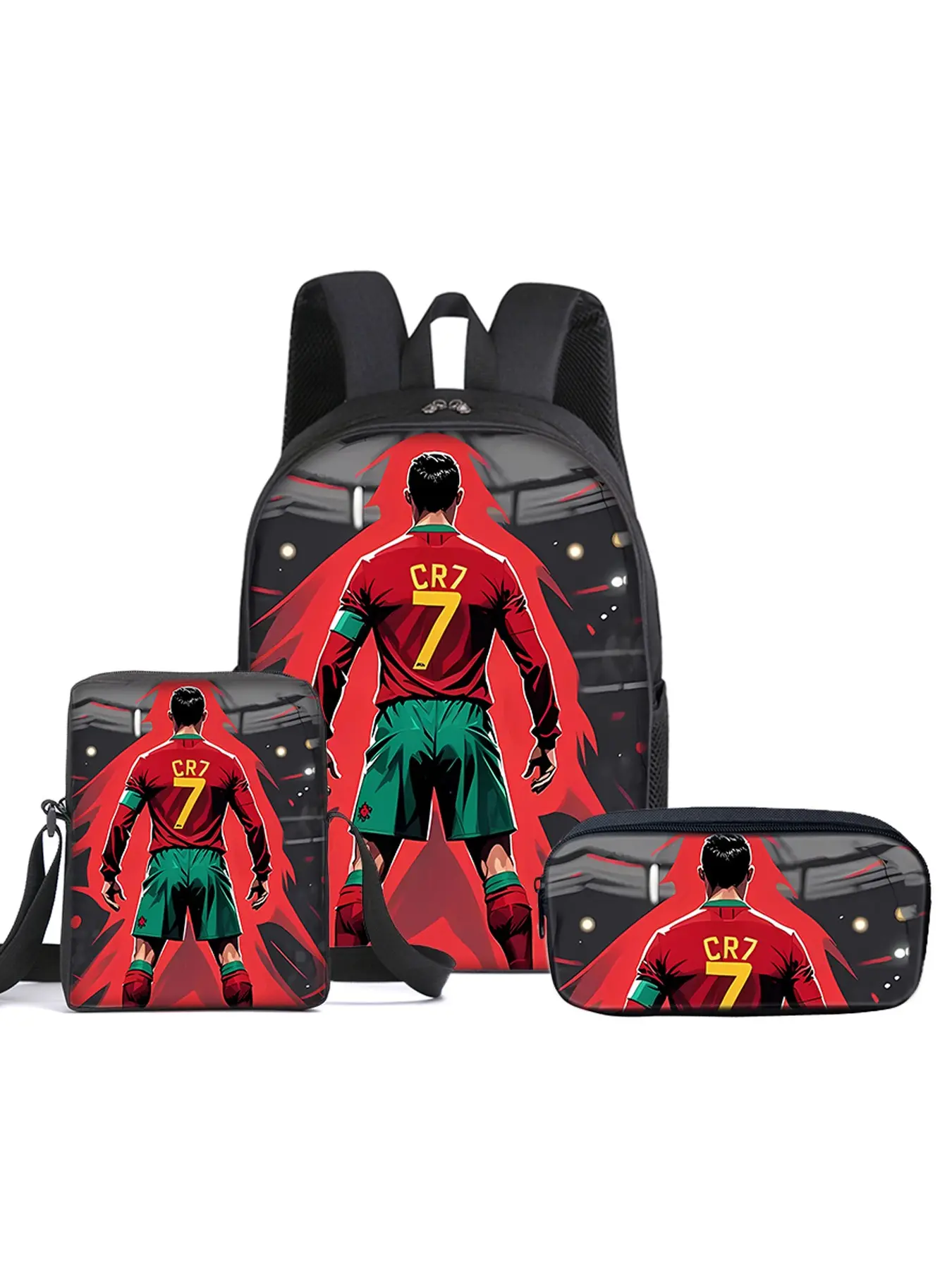 CR7 Football pattern printed 16-inch Casual printed backpack three-piece set (single-layer backpack + small shoulder bag + single-layer pencil bag)