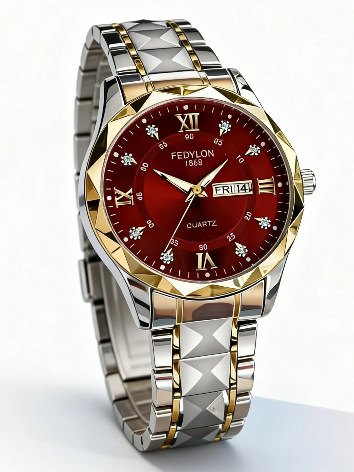 High-Quality Quartz Watch, Fashion Wristwatch, Fashionable Watches, Dial Dual Calendar Function, Rhinestone Hour Markers, Round Face, Hardlex Glass, Alloy Case, All Seasons
