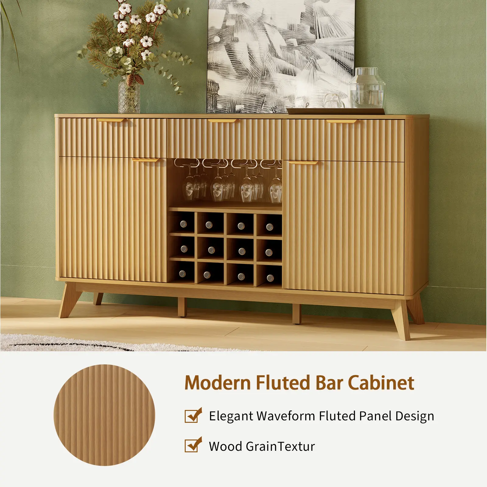 60" Wine Bar Cabinet, Modern Liquor Whiskey Coffee Station with Wine Rack and Glass Holder, Bar Hutch Adjustable Shelves, Coffee Bar Cabinet