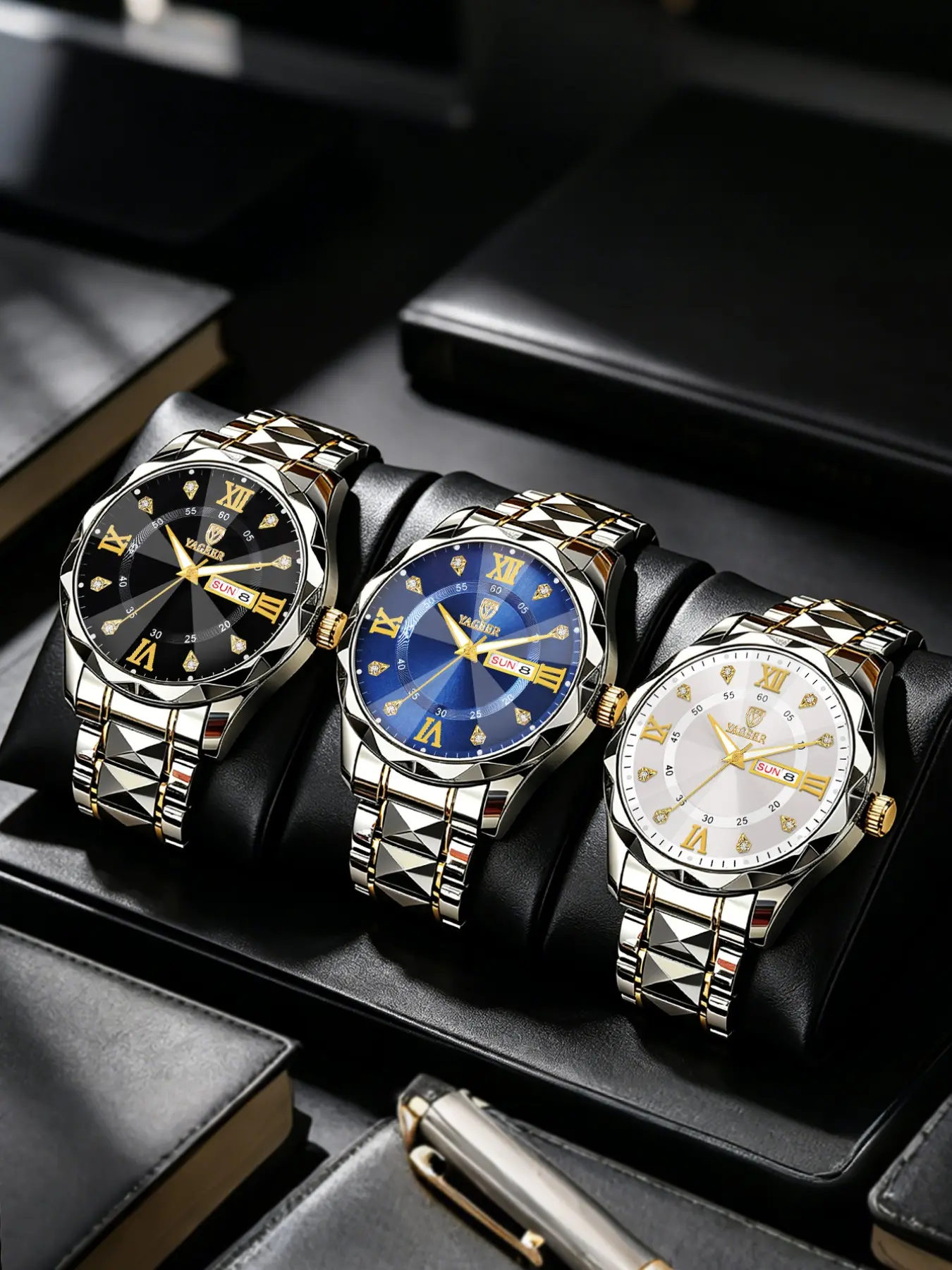 3 Piece Set Business Men's Stainless Steel Quartz Watch, Dual Calendar, Rhinestone Dial, Father's Day Gift, Couple Watch, Daily Wear, Analog Quartz Watches